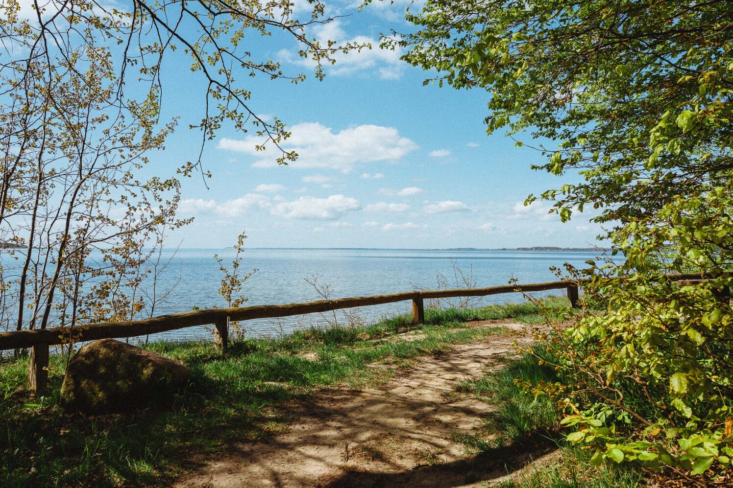 A view of a trail with a small railing and the sea in the background